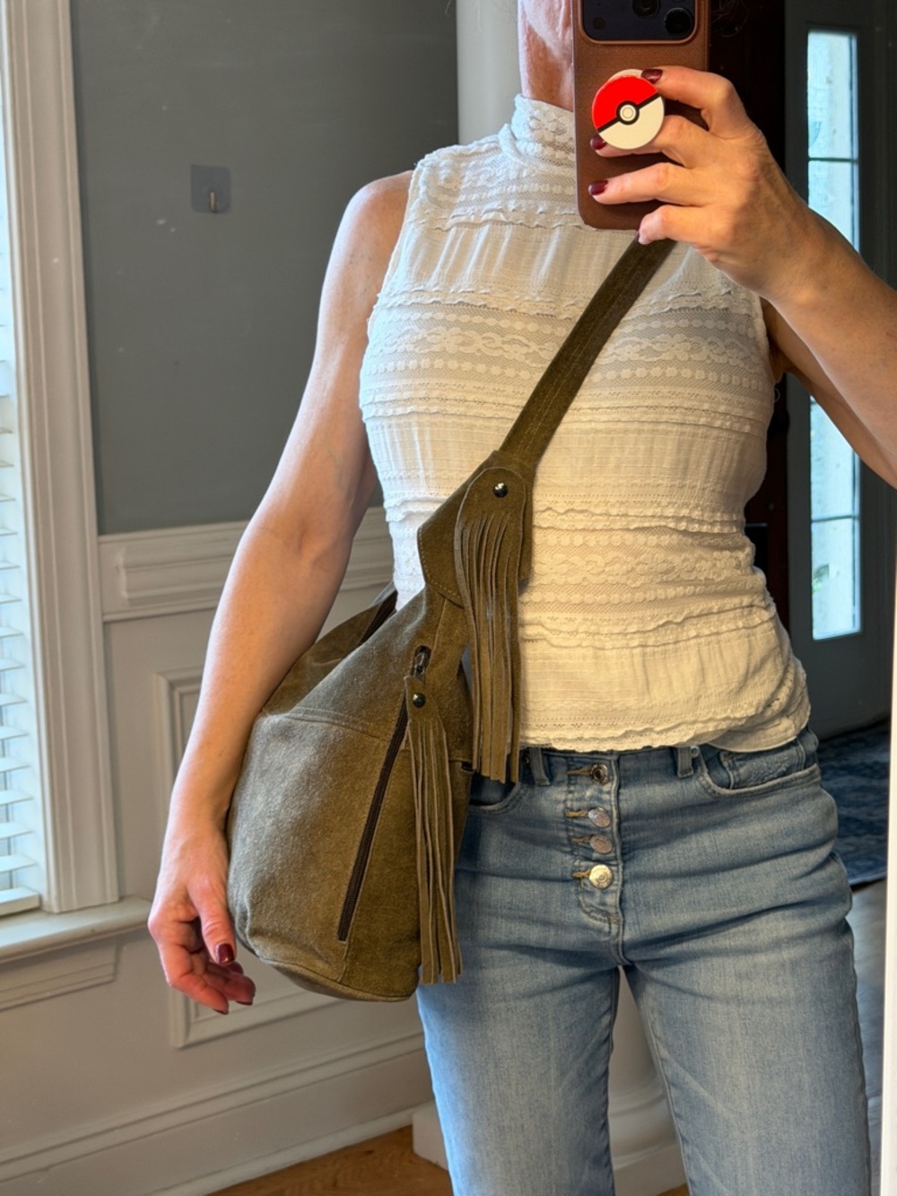 Vintage Boho Western Suede Leather Fringe Shoulder Bag Olive Green - Picture 7 of 17